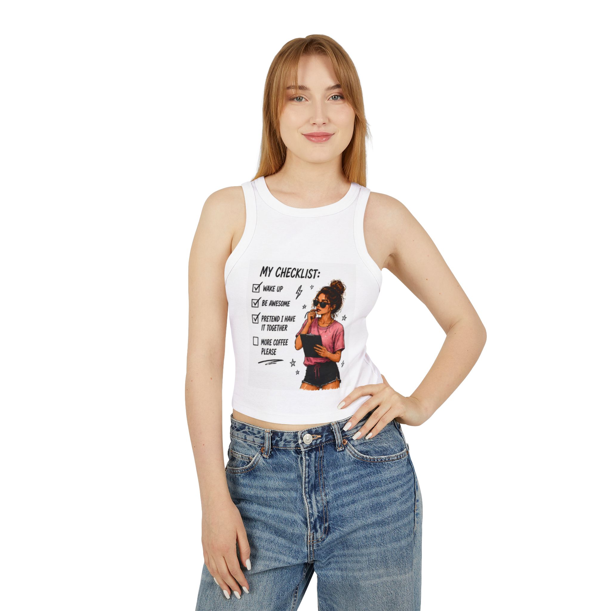 Racer Tank — "My Checklist: Wake Up, Be Awesome, Pretend I Have It Together" Graphic Tank - Image 4