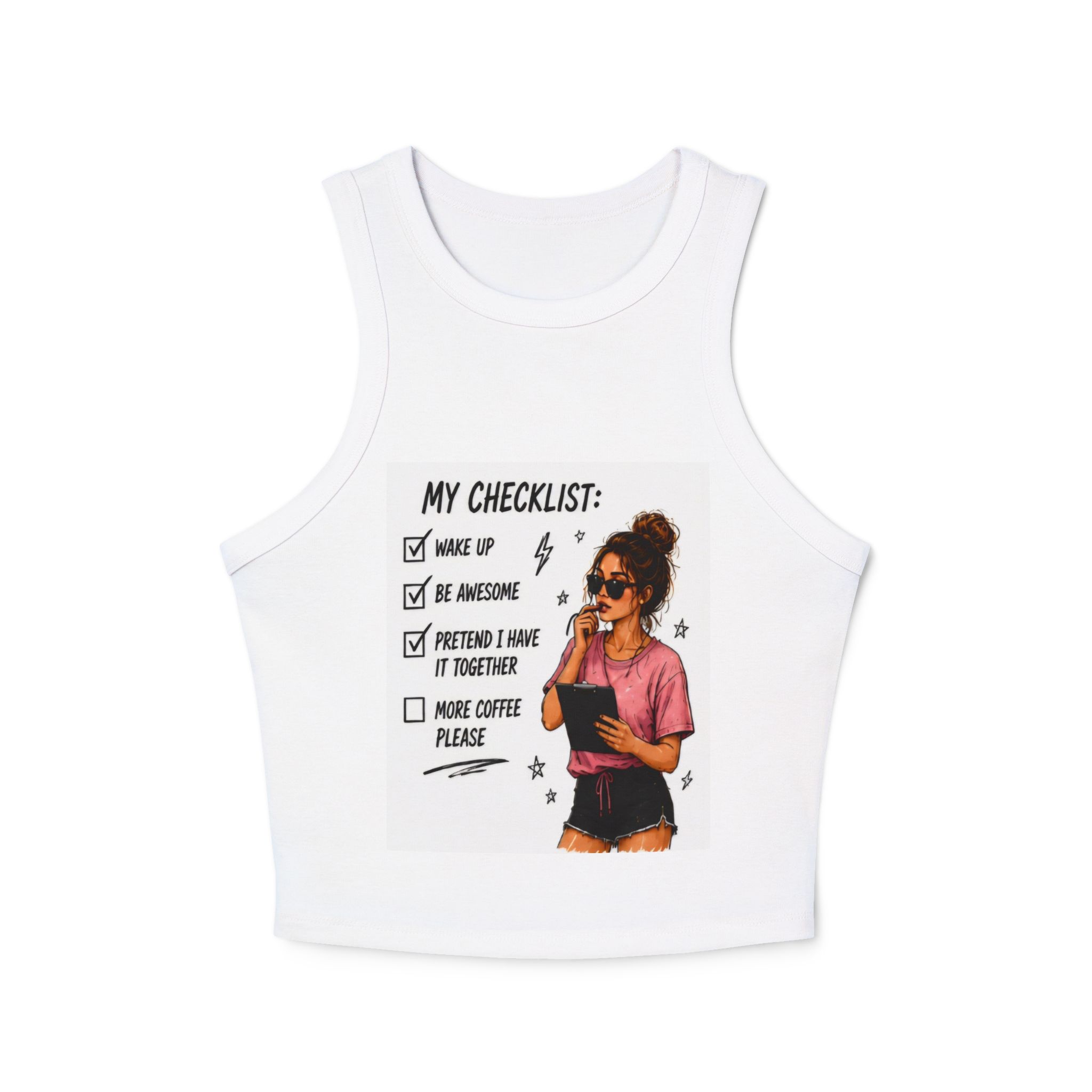 Racer Tank — "My Checklist: Wake Up, Be Awesome, Pretend I Have It Together" Graphic Tank