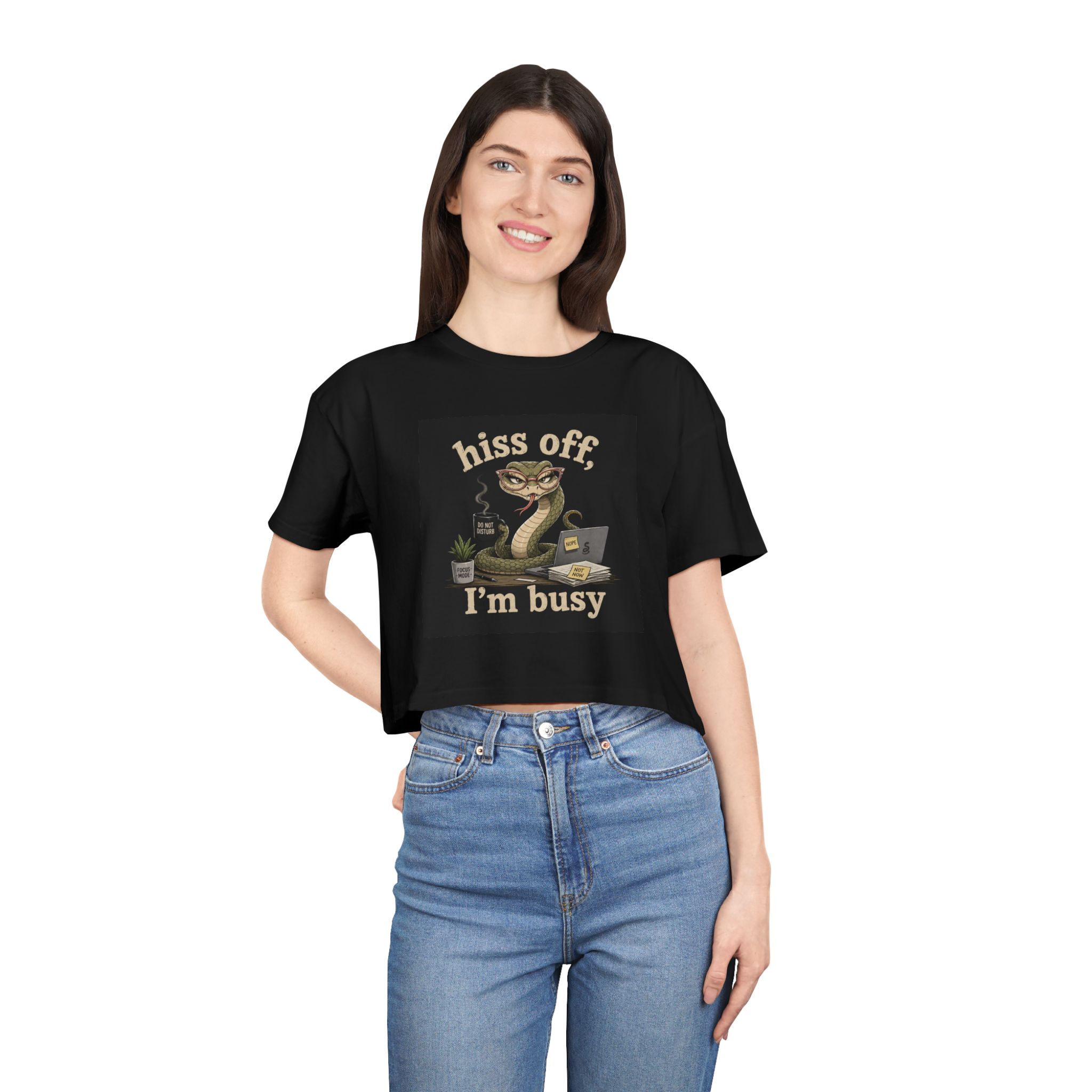 "Hiss Off, I'm Busy" Crop Tee - Cute Grumpy Snake Graphic Women's Shirt - Image 3