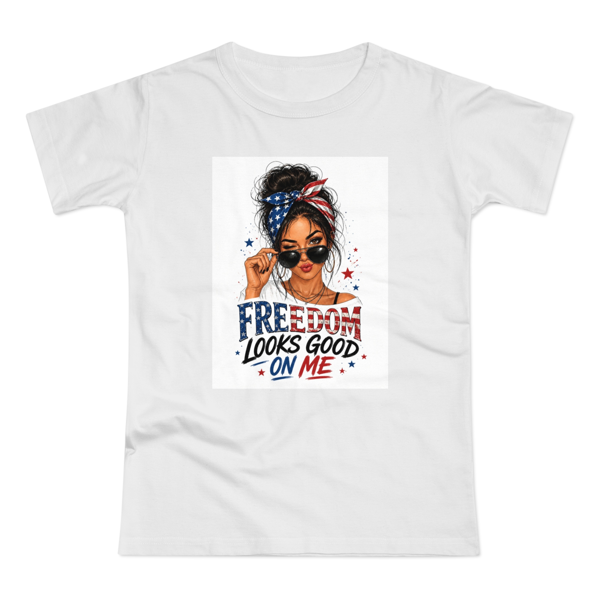 Freedom Looks Good On Me Women's T-Shirt - Patriotic 4th of July American Flag Tee